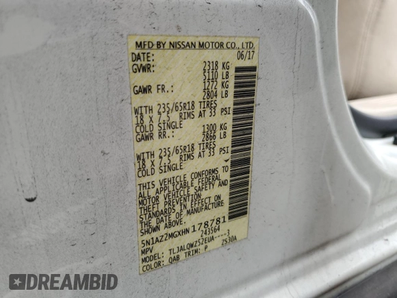 2017 Nissan Murano SV with VIN 5N1AZ2MGXHN178781, listed as a Copart auction lot 42209145 with 82,424 mi miles and Salvage Title. Bid and sale history available at carsss.com. Image 13.