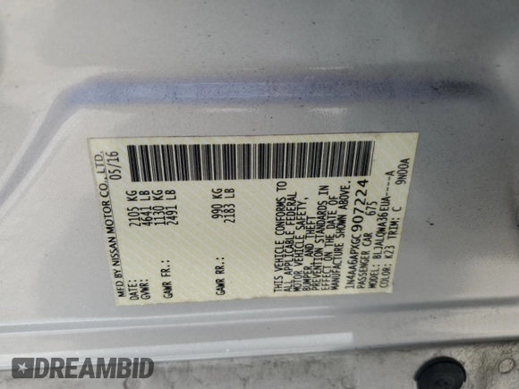 2016 Nissan Maxima S with VIN 1N4AA6APXGC907224, listed as a Copart auction lot 53227235 with 115,911 mi miles and Salvage Title. Bid and sale history available at DreamBid. Image 13.