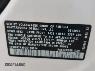 2013 Volkswagen Passat SE with VIN 1VWBN7A39DC118514, listed as a Copart auction lot 51520105 with 146,327 mi miles and Salvage title. Bid and sale history available at DreamBid. Image 14.