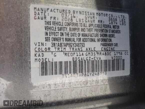 2016 Nissan Sentra SV with VIN 3N1AB7AP8GY248793, listed as a Copart auction lot 51985045 with 136,323 mi miles and Salvage Title. Bid and sale history available at DreamBid. Image 13.