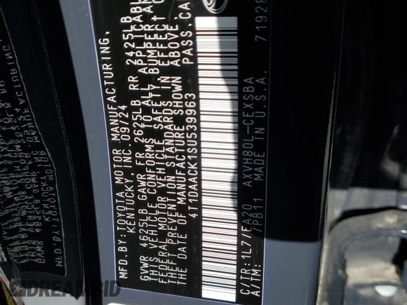2025 Toyota Camry LE z VIN 4T1DAACK1SU539963, wystawiony jako Copart lot #57273015 z przebiegiem 991 mil mil oraz Szkoda całkowita • Salvage title. Historia ofert i sprzedaży dostępna na DreamBid. Obrazek 12.