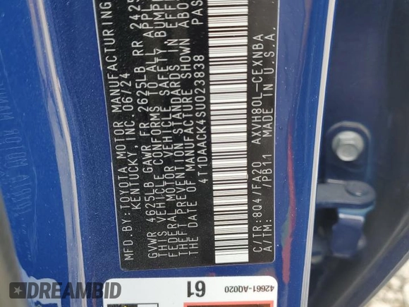2025 Toyota Camry LE with VIN 4T1DAACK4SU023838, listed as a Copart auction lot 49307065 with 6,988 mi miles and Salvage Title. Bid and sale history available at carsss.com. Image 13.