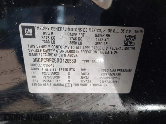 2016 Chevrolet Silverado 1500 LT with VIN 3GCPCREC5GG120539, listed as a IAAI auction lot 41819341 with 155,668 mi miles and . Bid and sale history available at DreamBid. Image 9.