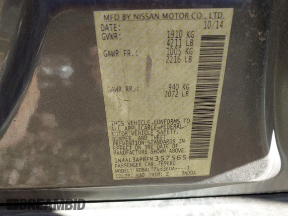 2015 Nissan Altima 2.5 with VIN 1N4AL3AP8FN357565, listed as a IAAI auction lot 41661420 with 167,530 mi miles and . Bid and sale history available at DreamBid. Image 9.