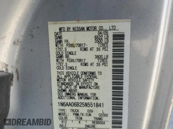 2005 Nissan Titan SE with VIN 1N6AA06B25N551841, listed as a Copart auction lot 62160285 with 167,019 mi miles and Salvage title. Bid and sale history available at DreamBid. Image 12.