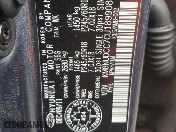 2012 Hyundai Veracruz Limited с VIN KM8NUDCC7CU189908, выставлен на аукционе Copart как лот 51970015 с пробегом 287 597 миль миль и Чистый • Clean title. История ставок и продаж доступна на DreamBid. Изображение 13.