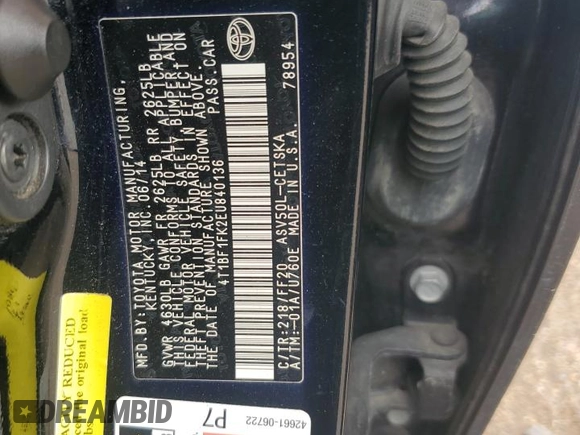 2014 Toyota Camry L with VIN 4T1BF1FK2EU840136, listed as a Copart auction lot 54610285 with 114,704 mi miles and Salvage Title. Bid and sale history available at DreamBid. Image 12.