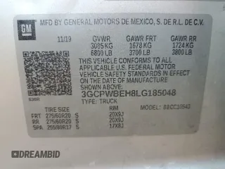 2020 Chevrolet Silverado 1500 Custom with VIN 3GCPWBEH8LG185048, listed as a Copart auction lot 55404675 with 117,318 mi miles and Clean Title. Bid and sale history available at carsss.com. Image 12.