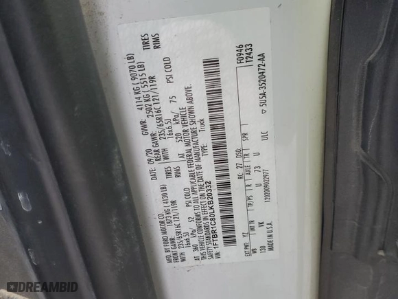 2020 Ford Transit Cargo Van with VIN 1FTBR1C80LKB20332, listed as a Copart auction lot 42971165 with 58,347 mi miles and Salvage Title. Bid and sale history available at carsss.com. Image 13.