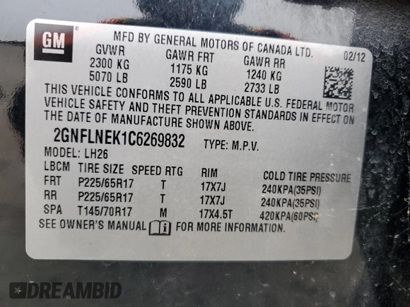 2012 Chevrolet Equinox 2LT with VIN 2GNFLNEK1C6269832, listed as a Copart auction lot 46996645 with 119,512 mi miles and Salvage Title. Bid and sale history available at DreamBid. Image 13.