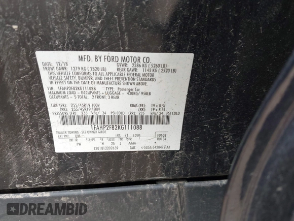 2019 Ford Taurus Limited z VIN 1FAHP2F82KG111088, wystawiony jako IAAI lot #42280384 z przebiegiem 97 961 mil mil oraz . Historia ofert i sprzedaży dostępna na DreamBid. Obrazek 9.
