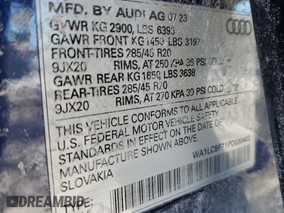 2023 Audi Q7 Premium Plus with VIN WA1LCBF71PD030402, listed as a Copart auction lot 46232265 with 24,295 mi miles and Salvage title. Bid and sale history available at DreamBid. Image 12.