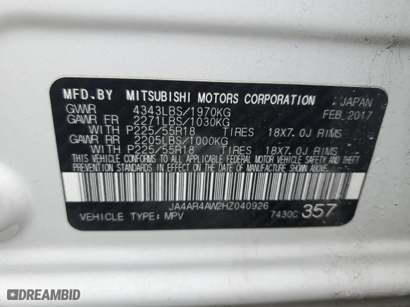 2017 Mitsubishi Outlander Sport SEL 2.4 with VIN JA4AR4AW2HZ040926, listed as a Copart auction lot 44939935 with 120,068 mi miles and Salvage Title. Bid and sale history available at carsss.com. Image 16.