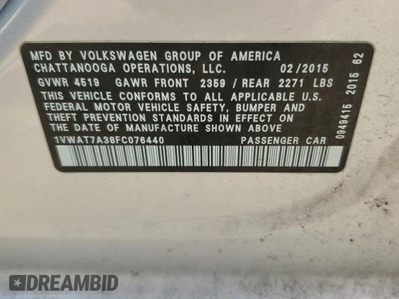 2015 Volkswagen Passat Wolfsburg Edition with VIN 1VWAT7A38FC076440, listed as a Copart auction lot 63204385 with 86,831 mi miles and Salvage title. Bid and sale history available at DreamBid. Image 12.