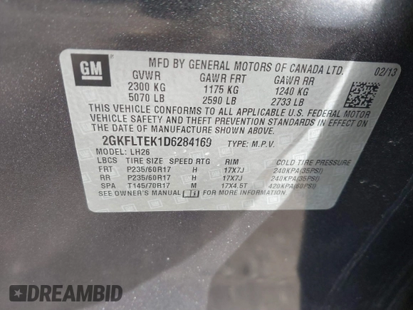2013 GMC Terrain SLE with VIN 2GKFLTEK1D6284169, listed as a IAAI auction lot 41611868 with 115,606 mi miles. Bid and sale history available at carsss.com. Image 9.