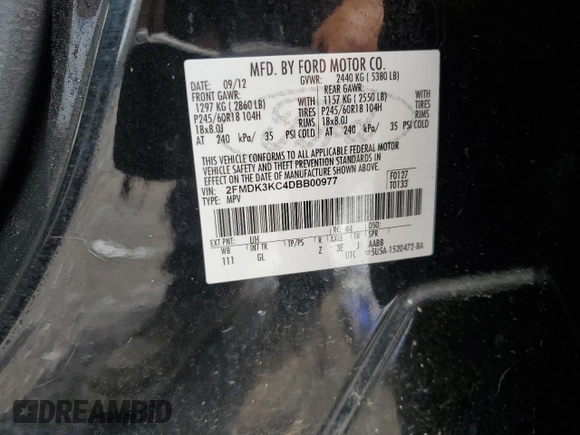2013 Ford Edge Limited with VIN 2FMDK3KC4DBB00977, listed as a Copart auction lot 59574635 with 211,775 mi miles and Salvage title. Bid and sale history available at DreamBid. Image 13.