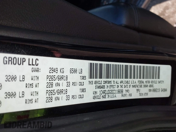 2012 Dodge Durango Crew with VIN 1C4RDJDG3CC118698, listed as a IAAI auction lot 41692050 with 177,659 mi miles and . Bid and sale history available at carsss.com. Image 9.
