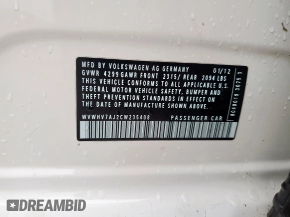 2012 Volkswagen GTI with VIN WVWHV7AJ2CW235408, listed as a Copart auction lot 54935115 with 110,475 mi miles and Salvage title. Bid and sale history available at DreamBid. Image 13.