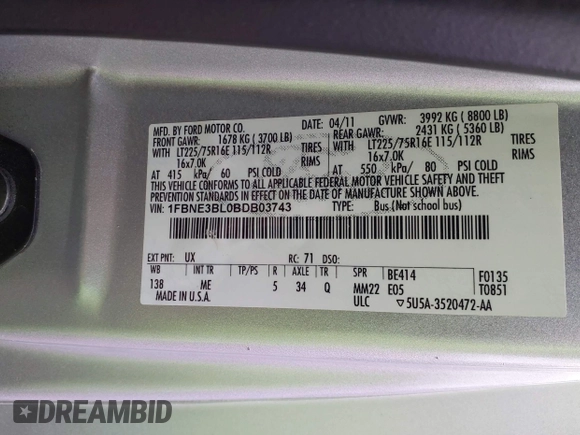 2011 Ford Econoline Passenger XL with VIN 1FBNE3BL0BDB03743, listed as a IAAI auction lot 42182175 with 155,569 mi miles. Bid and sale history available at carsss.com. Image 9.