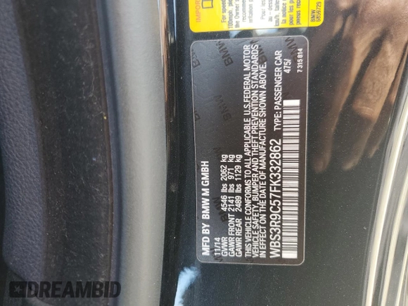 2015 BMW M4 with VIN WBS3R9C57FK332862, listed as a Copart auction lot 59395104 with 63,112 mi miles and Salvage Title. Bid and sale history available at carsss.com. Image 14.