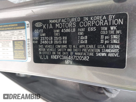 2011 Kia Sportage SX with VIN KNDPC3A64B7120582, listed as a IAAI auction lot 42696851 with 249,979 mi miles and . Bid and sale history available at DreamBid. Image 9.