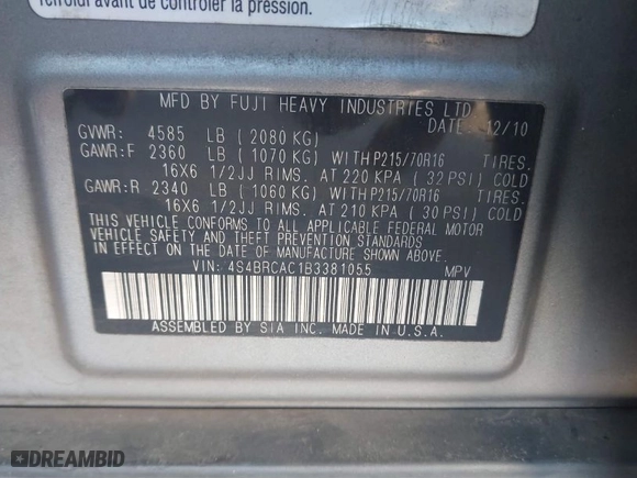 2011 Subaru Outback 2.5i with VIN 4S4BRCAC1B3381055, listed as a IAAI auction lot 41761771 with 114,964 mi miles. Bid and sale history available at carsss.com. Image 9.