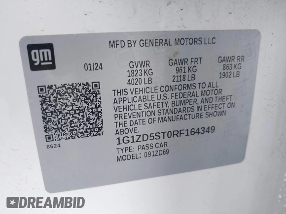 2024 Chevrolet Malibu LT with VIN 1G1ZD5ST0RF164349, listed as a IAAI auction lot 42173193 with 52,965 mi miles and . Bid and sale history available at DreamBid. Image 9.
