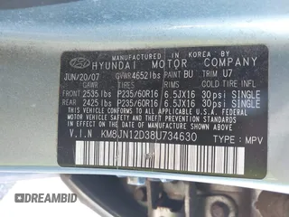 2008 Hyundai Tucson SE with VIN KM8JN12D38U734630, listed as a IAAI auction lot 40819696 with 240,265 mi miles and . Bid and sale history available at DreamBid. Image 9.