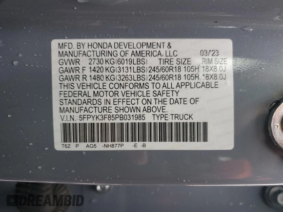 2023 Honda Ridgeline Black Edition with VIN 5FPYK3F85PB031985, listed as a Copart auction lot 45533085 with 23,453 mi miles and Salvage title. Bid and sale history available at DreamBid. Image 14.