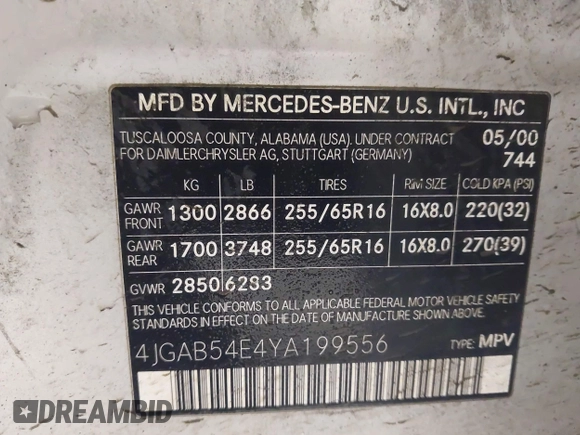 2000 Mercedes-Benz M 320/430/500 with VIN 4JGAB54E4YA199556, listed as a IAAI auction lot 42111380 with 155,061 mi miles and . Bid and sale history available at carsss.com. Image 9.