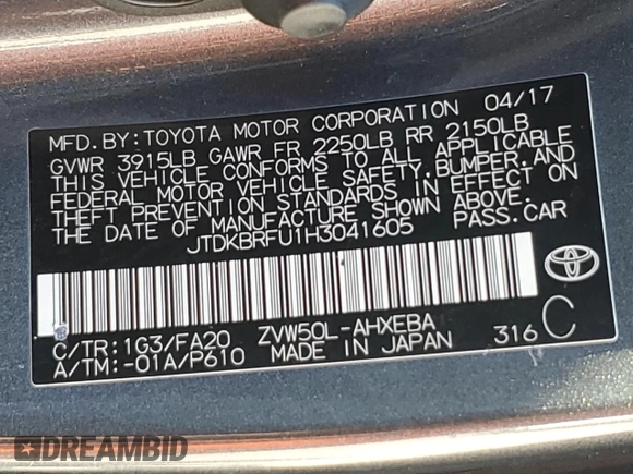 2017 Toyota Prius Two with VIN JTDKBRFU1H3041605, listed as a Copart auction lot 45760435 with 141,381 mi miles and Salvage Title. Bid and sale history available at DreamBid. Image 14.