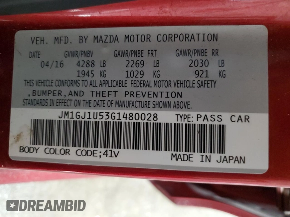 2016 Mazda 6 i Sport with VIN JM1GJ1U53G1480028, listed as a Copart auction lot 42093805 with 122,341 mi miles and Salvage Title. Bid and sale history available at DreamBid. Image 15.