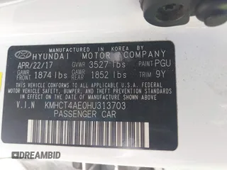 2017 Hyundai Accent SE with VIN KMHCT4AE0HU313703, listed as a IAAI auction lot 41839215 with 87,300 mi miles. Bid and sale history available at carsss.com. Image 9.