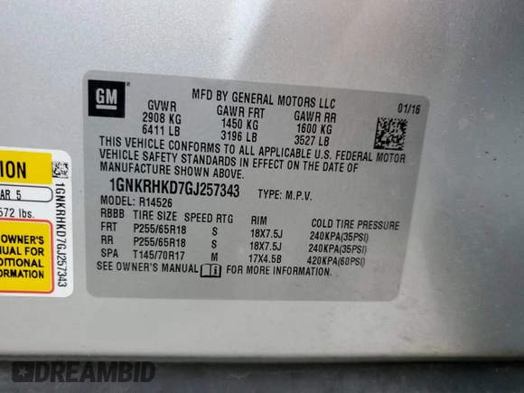 2016 Chevrolet Traverse LT with VIN 1GNKRHKD7GJ257343, listed as a Copart auction lot 49295564 with 153,405 mi miles and Salvage title. Bid and sale history available at DreamBid. Image 13.