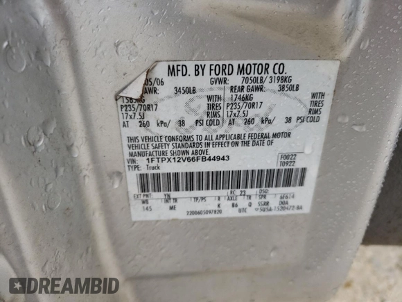 2006 Ford F-150 XL with VIN 1FTPX12V66FB44943, listed as a Copart auction lot 44979065 with 304,690 mi miles and Salvage Title. Bid and sale history available at carsss.com. Image 12.