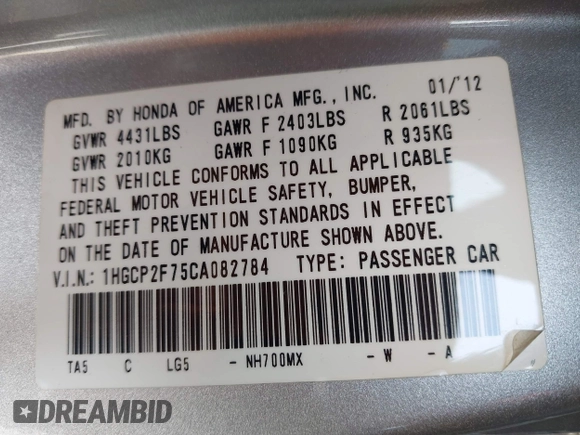 2012 Honda Accord EX with VIN 1HGCP2F75CA082784, listed as a IAAI auction lot 41914030 with 121,758 mi miles and . Bid and sale history available at DreamBid. Image 9.