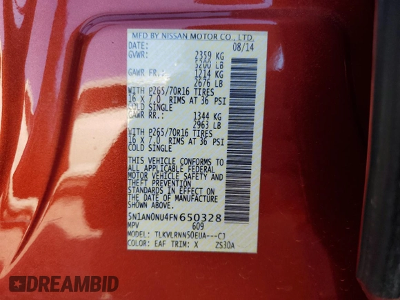 2015 Nissan Xterra S with VIN 5N1AN0NU4FN650328, listed as a Copart auction lot 57619685 with 79,037 mi miles and Salvage title. Bid and sale history available at DreamBid. Image 13.