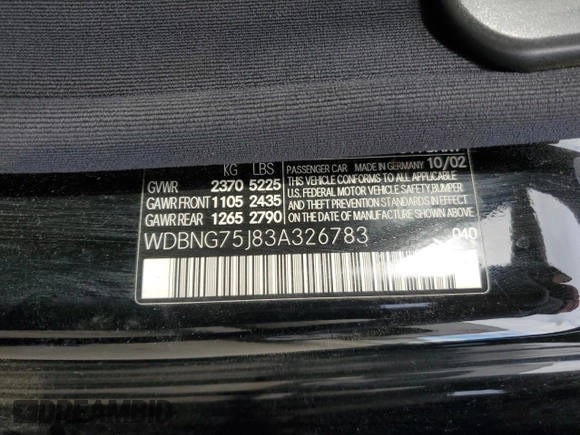 2003 Mercedes-Benz S-Class 5.0L with VIN WDBNG75J83A326783, listed as a Copart auction lot 81931274 with 242,197 mi miles and Clean Title. Bid and sale history available at carsss.com. Image 12.