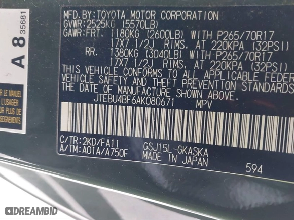 2010 Toyota FJ Cruiser with VIN JTEBU4BF6AK080671, listed as a IAAI auction lot 41193011 with 97,192 mi miles. Bid and sale history available at carsss.com. Image 9.