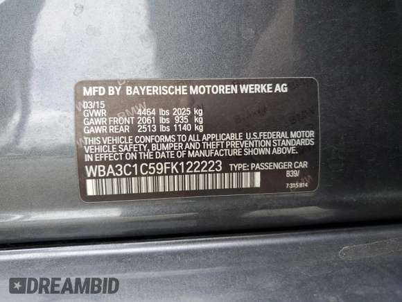 2015 BMW 3 Series 328i z VIN WBA3C1C59FK122223, wystawiony jako Copart lot #56991615 z przebiegiem 83 519 mil mil oraz Szkoda całkowita • Salvage title. Historia ofert i sprzedaży dostępna na DreamBid. Obrazek 12.
