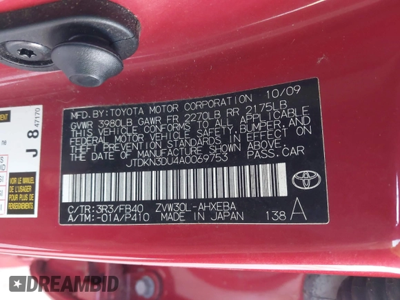 2010 Toyota Prius II with VIN JTDKN3DU4A0069753, listed as a IAAI auction lot 41912194 with 113,902 mi miles and . Bid and sale history available at DreamBid. Image 9.