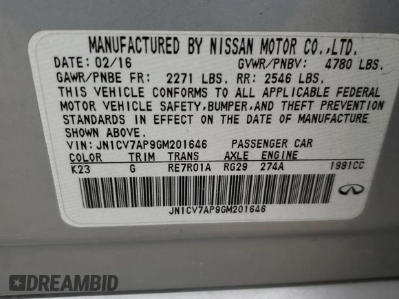 2016 Infiniti Q50 Premium with VIN JN1CV7AP9GM201646, listed as a Copart auction lot 55310955 with 126,180 mi miles and Clean Title. Bid and sale history available at DreamBid. Image 12.