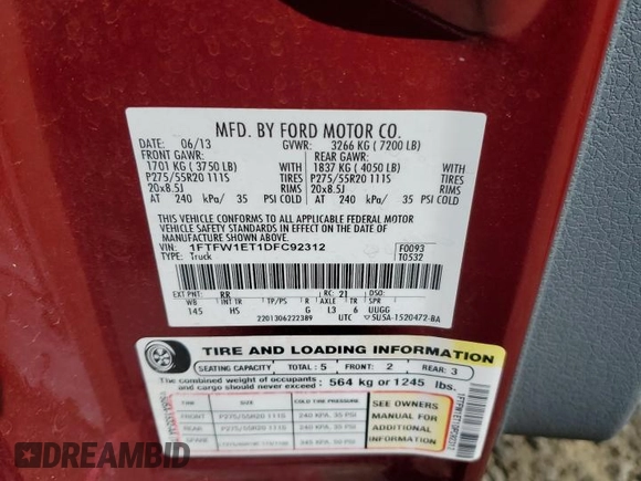 2013 Ford F-150 XL with VIN 1FTFW1ET1DFC92312, listed as a Copart auction lot 62712045 with 150,131 mi miles and Salvage title. Bid and sale history available at DreamBid. Image 12.