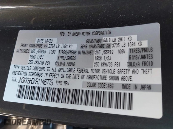 2024 Mazda CX-90 Preferred with VIN JM3KKBHDXR1146779, listed as a IAAI auction lot 41628645 with 14,744 mi miles and . Bid and sale history available at DreamBid. Image 9.