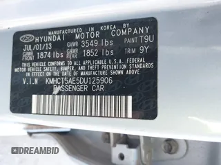 2013 Hyundai Accent GS with VIN KMHCT5AE5DU125906, listed as a IAAI auction lot 42282731 with 148,033 mi miles and . Bid and sale history available at DreamBid. Image 9.