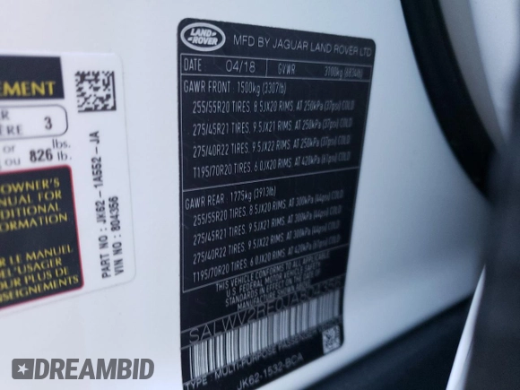 2018 Land Rover Range Rover Sport Autobiography with VIN SALWV2RE0JA804356, listed as a Copart auction lot 42018313 with 35,852 mi miles and . Bid and sale history available at DreamBid. Image 15.