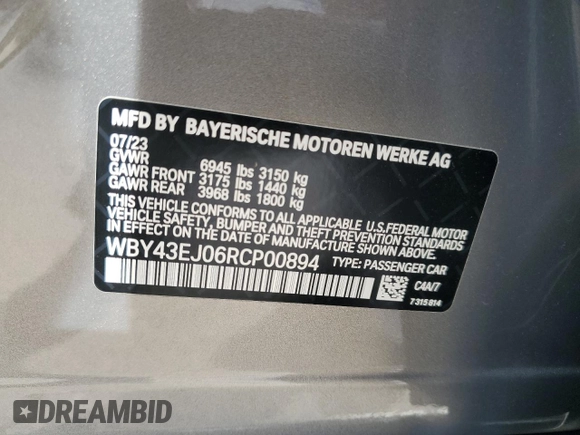 2024 BMW i7 eDrive50 z VIN WBY43EJ06RCP00894, wystawiony jako Copart lot #78689954 z przebiegiem Nie podano mil oraz Szkoda całkowita • Salvage title. Historia ofert i sprzedaży dostępna na DreamBid. Obrazek 13.