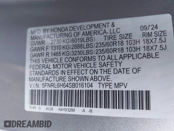 2025 Honda Odyssey EX-L with VIN 5FNRL6H64SB016104, listed as a IAAI auction lot 41456550 with 61 mi miles and . Bid and sale history available at DreamBid. Image 9.