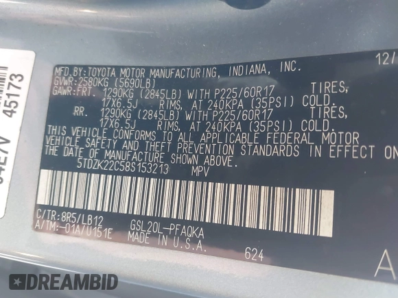 2008 Toyota Sienna XLE with VIN 5TDZK22C58S153213, listed as a IAAI auction lot 41430139 with 116,011 mi miles. Bid and sale history available at carsss.com. Image 9.