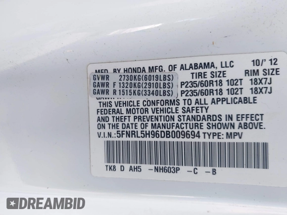 2013 Honda Odyssey Touring with VIN 5FNRL5H96DB009694, listed as a IAAI auction lot 42002487 with 182,867 mi miles and . Bid and sale history available at carsss.com. Image 9.